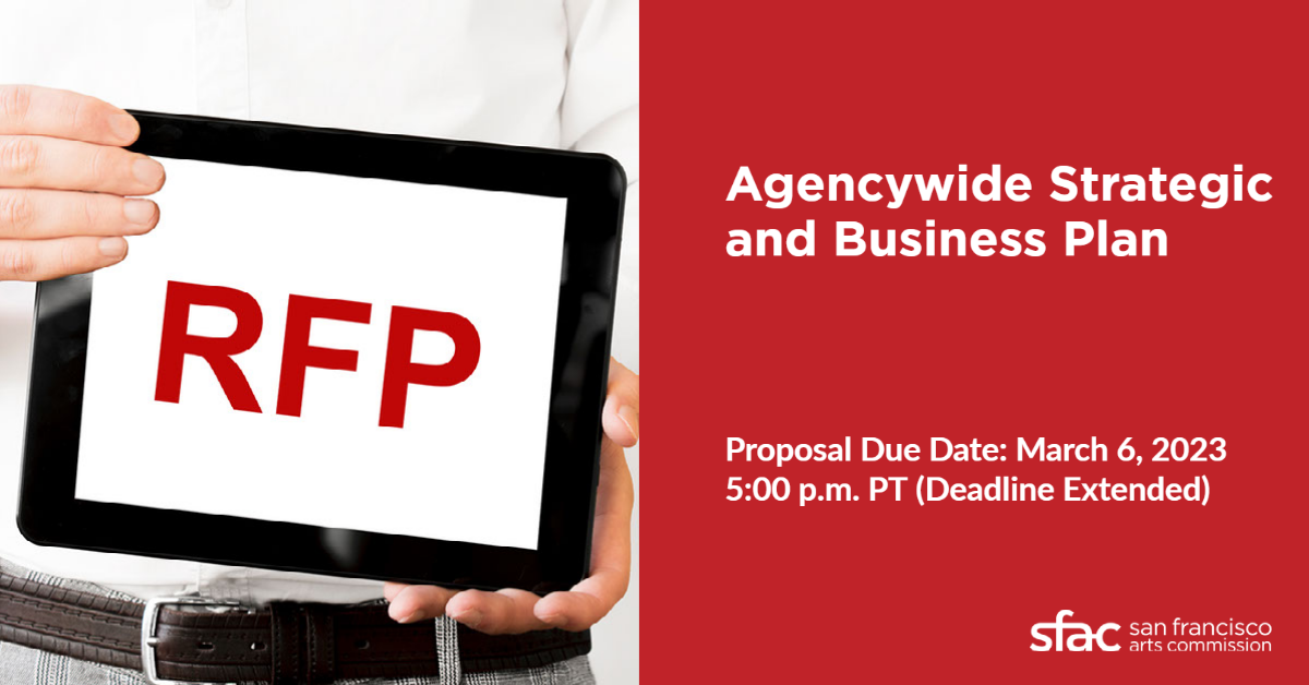 Request for Proposal graphic with a hand holding a sign with RFP written on it