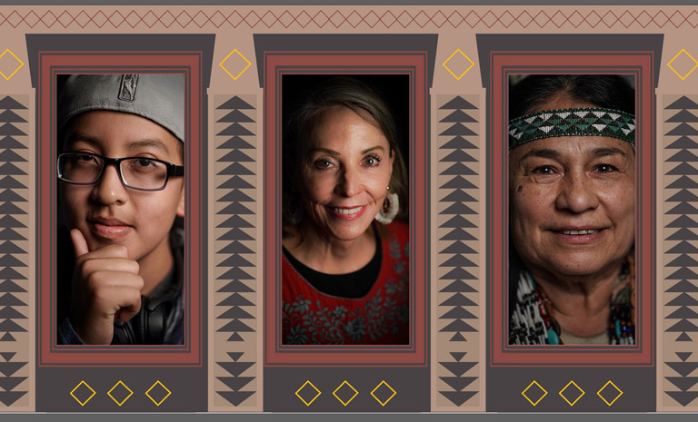 A triptych featuring three members of the Bay Area's Native American Community including Supervisor Vallie Brown