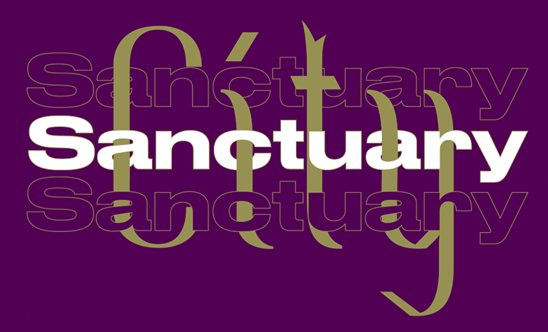 Purple background with overlapping words that read Sanctuary City