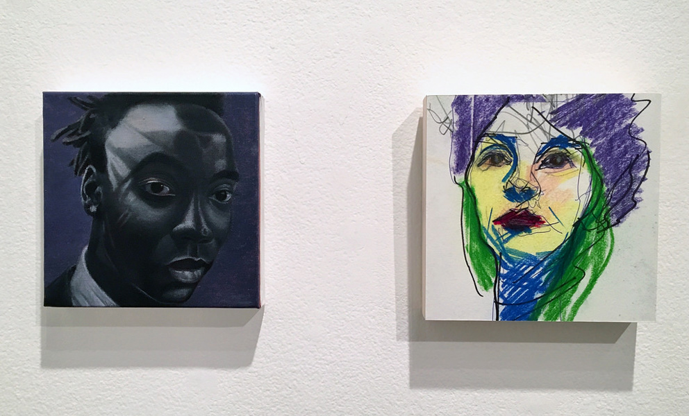Left image is a portrait of an African American and on the right is a portrait of a woman rendered in vivid greens, blues and purples. 