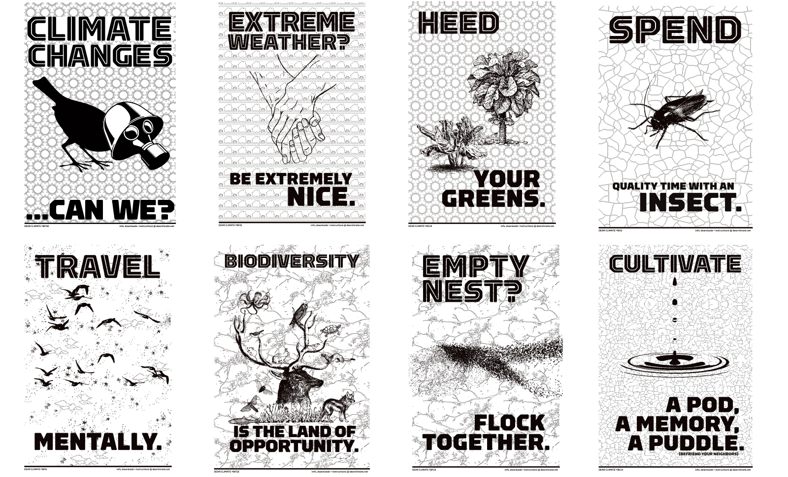A grouping of eight posters with tongue in cheek phrasing centered around the environment