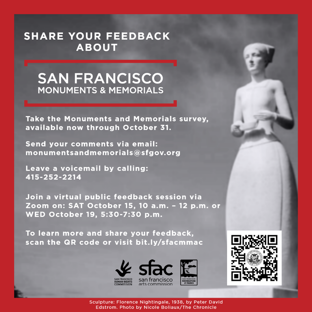 Black and white poster with informational text calling for feedback about San Francisco's Monuments and Memorials
