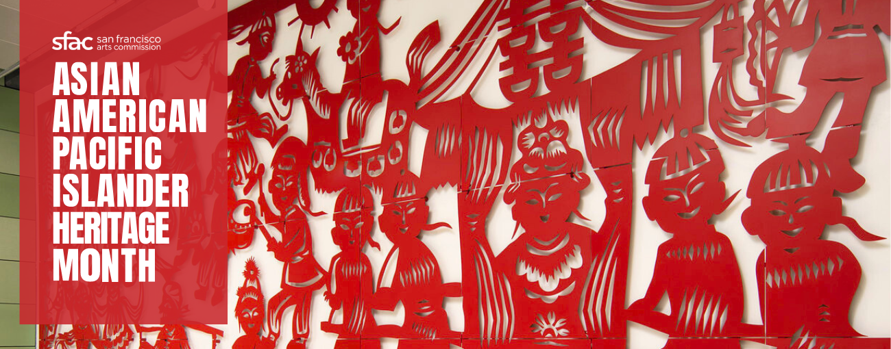 Image of red paper cut wall art installation by Yumei Hou at Chinatown Rose Pak Station