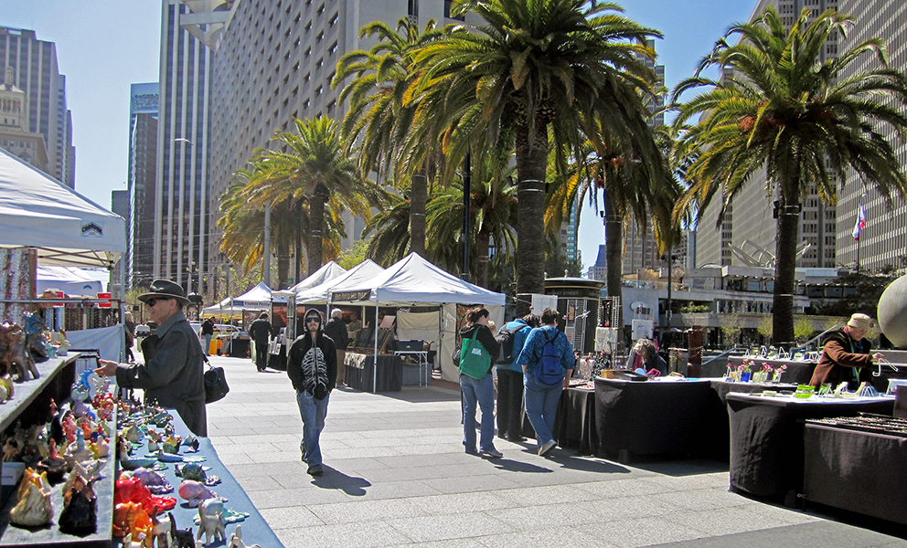 View of street artist booths at Justin Herman Plaza 