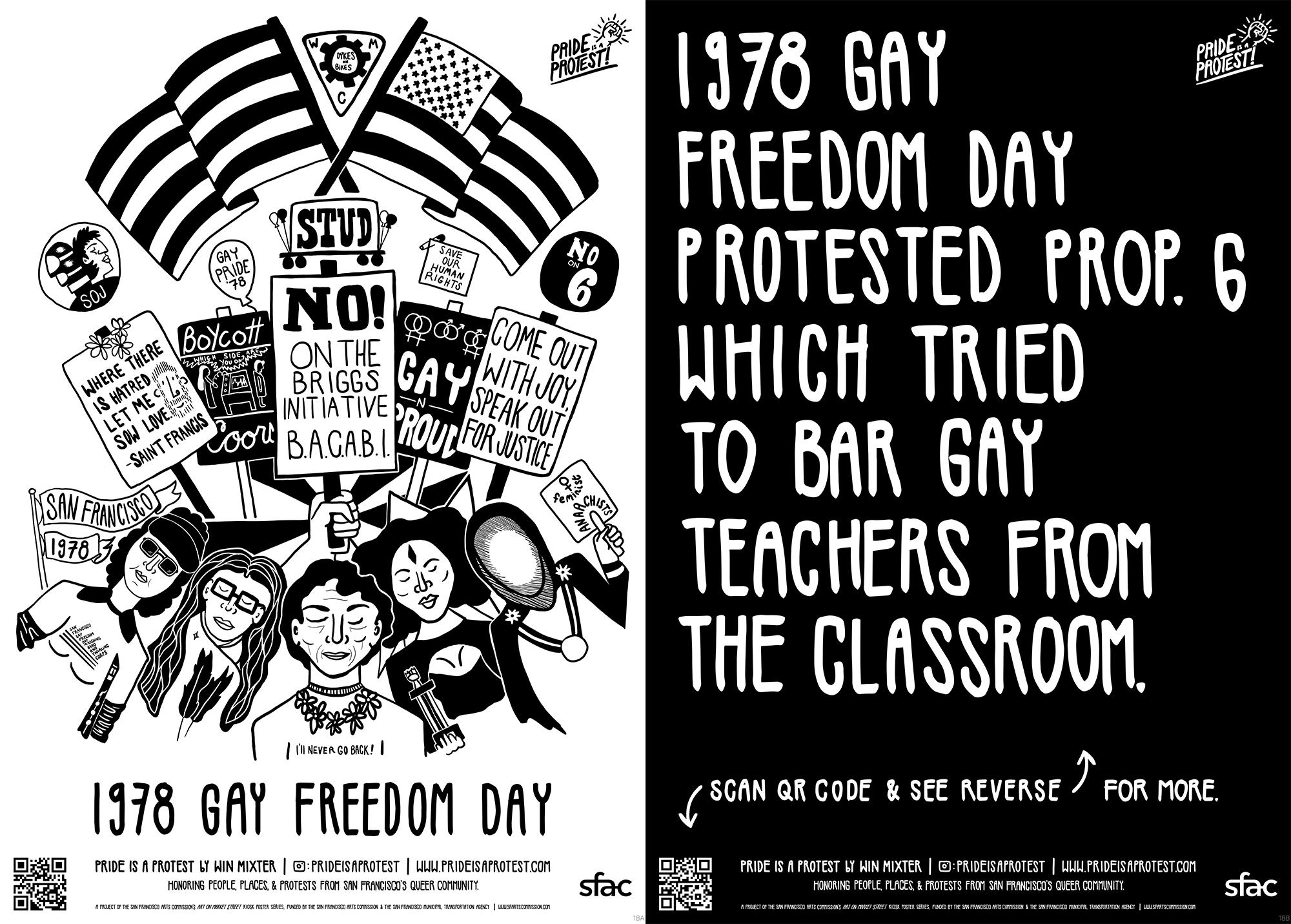 Black and White Art poster design in muni bus kiosk. 1978 Gay Freedom Day Parade
