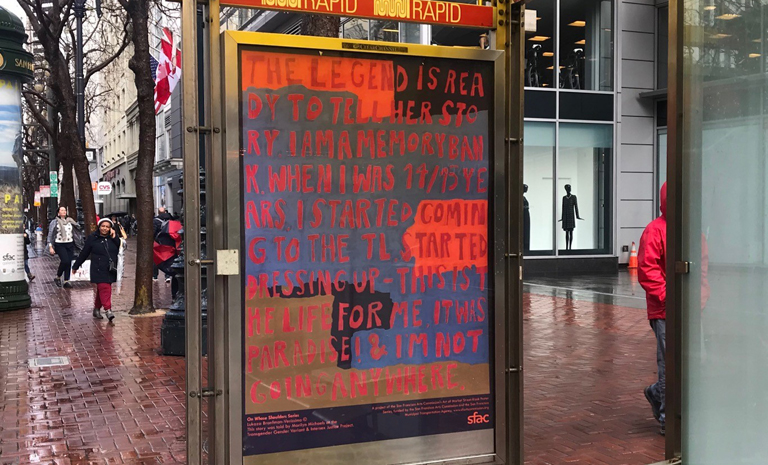 Text-based poster series in bus kiosk on Market Street