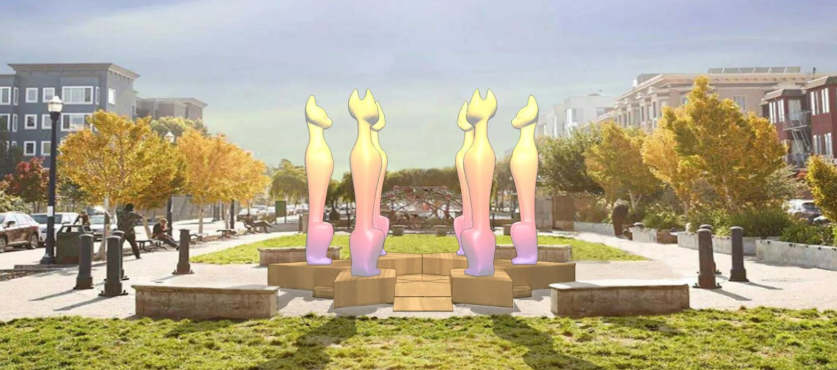 Rendering of Cathenge Sculpture featuring six light up cat sculpture