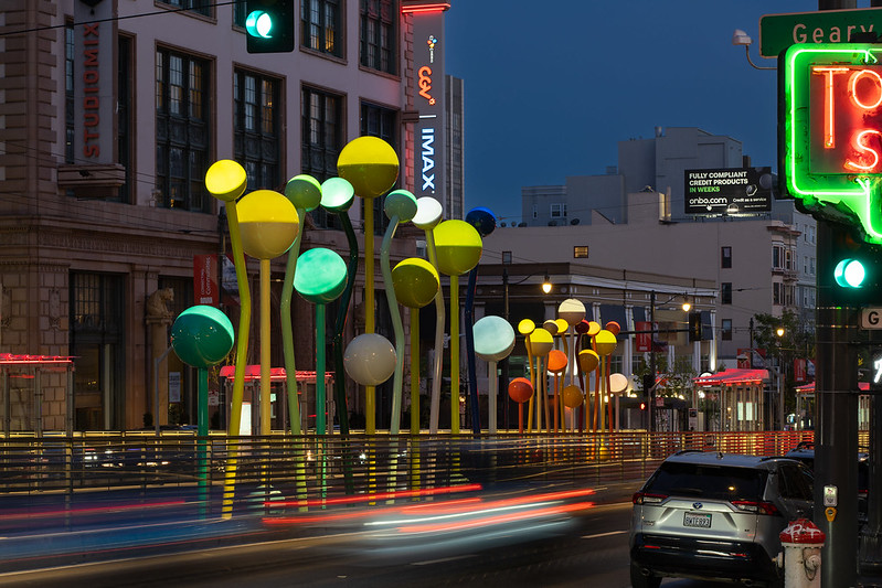 Image of Van Ness BRT Lighting Sculpture showing 26 lighted spheres on Van Ness Avenue and Geary Blvd.