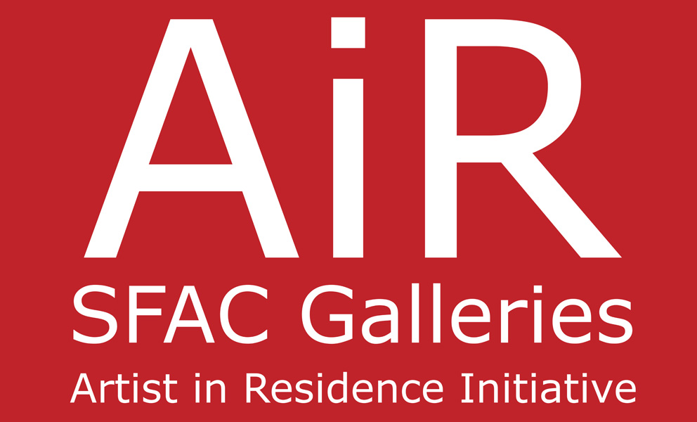 Red square with the words "AiR" SFAC Galleries Artist in Residence Initiative