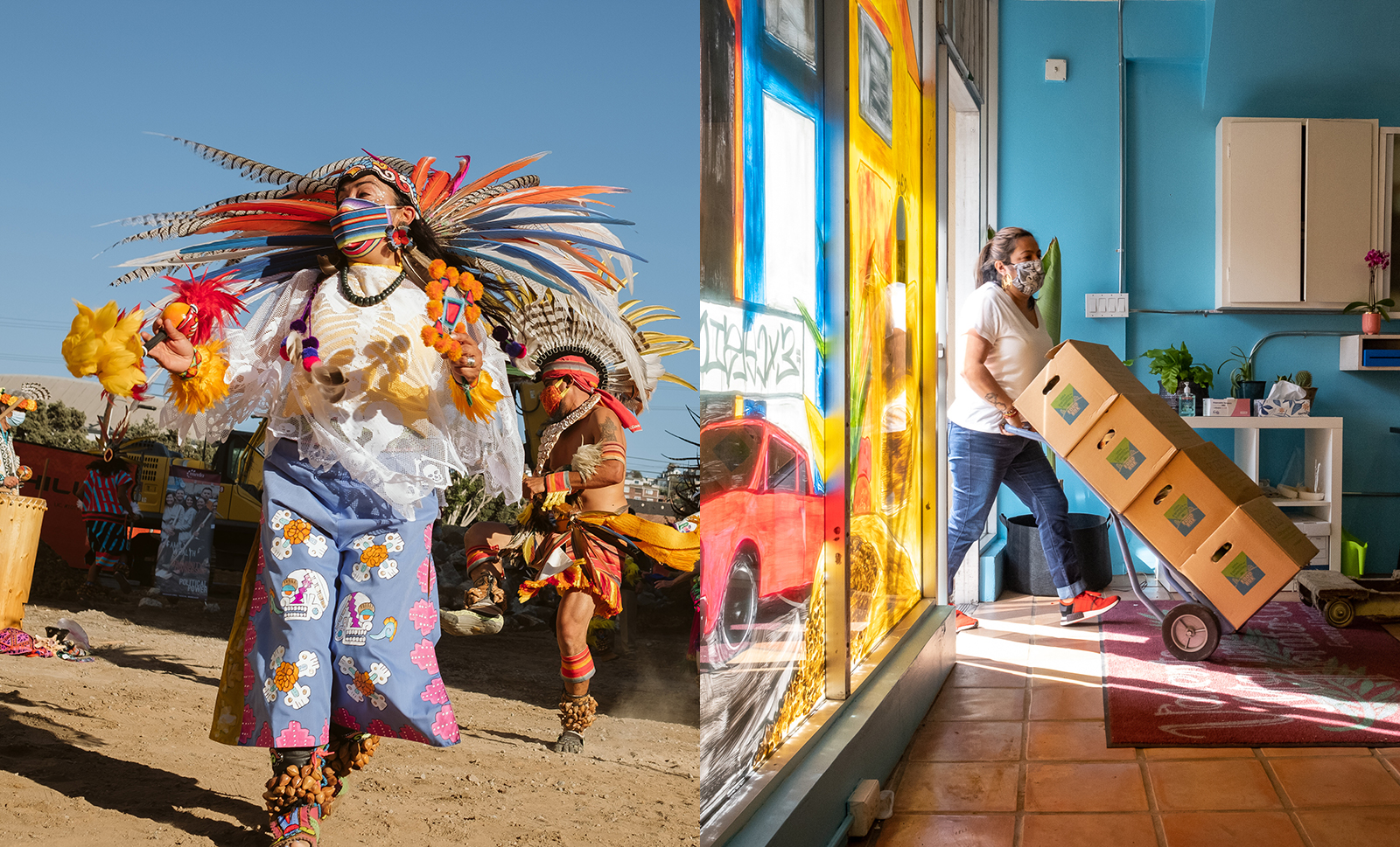 A split image. On the left is a dancer in full Aztec regalia performing outside. On the right is a masked man wheeling in boxes of donated food on a dolly.