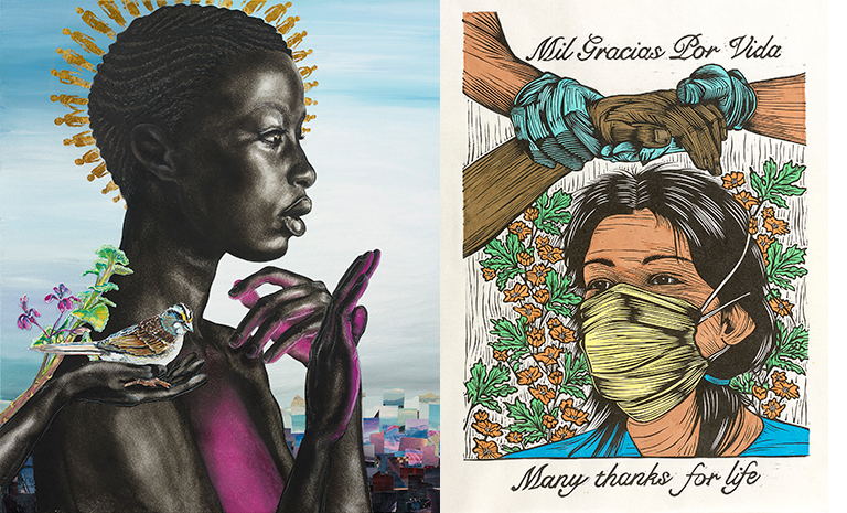 Two posters side by side. The left: an image of a Black woman in profile facing the right with her hand raised. On the Right, a woman wearing a mask with clasped hands above her head