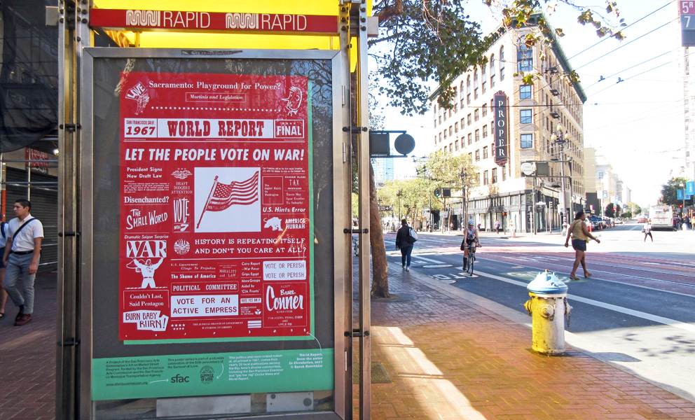 Market Street Poster, predominately red with text that features historic headlines and images printed in publications from 1967.