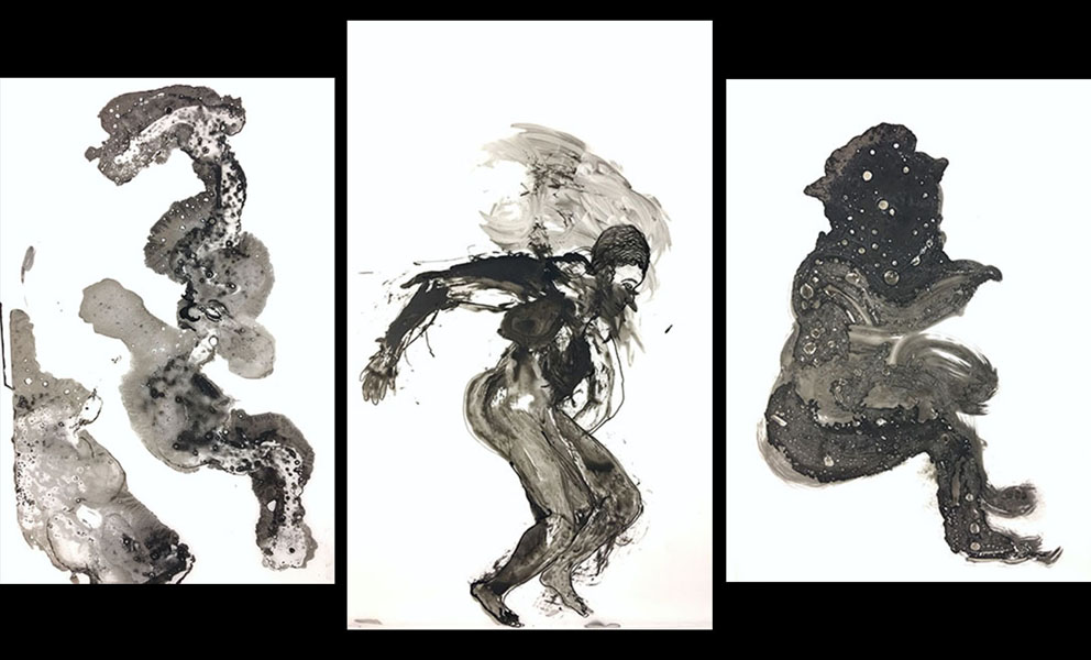 three abstract black figures