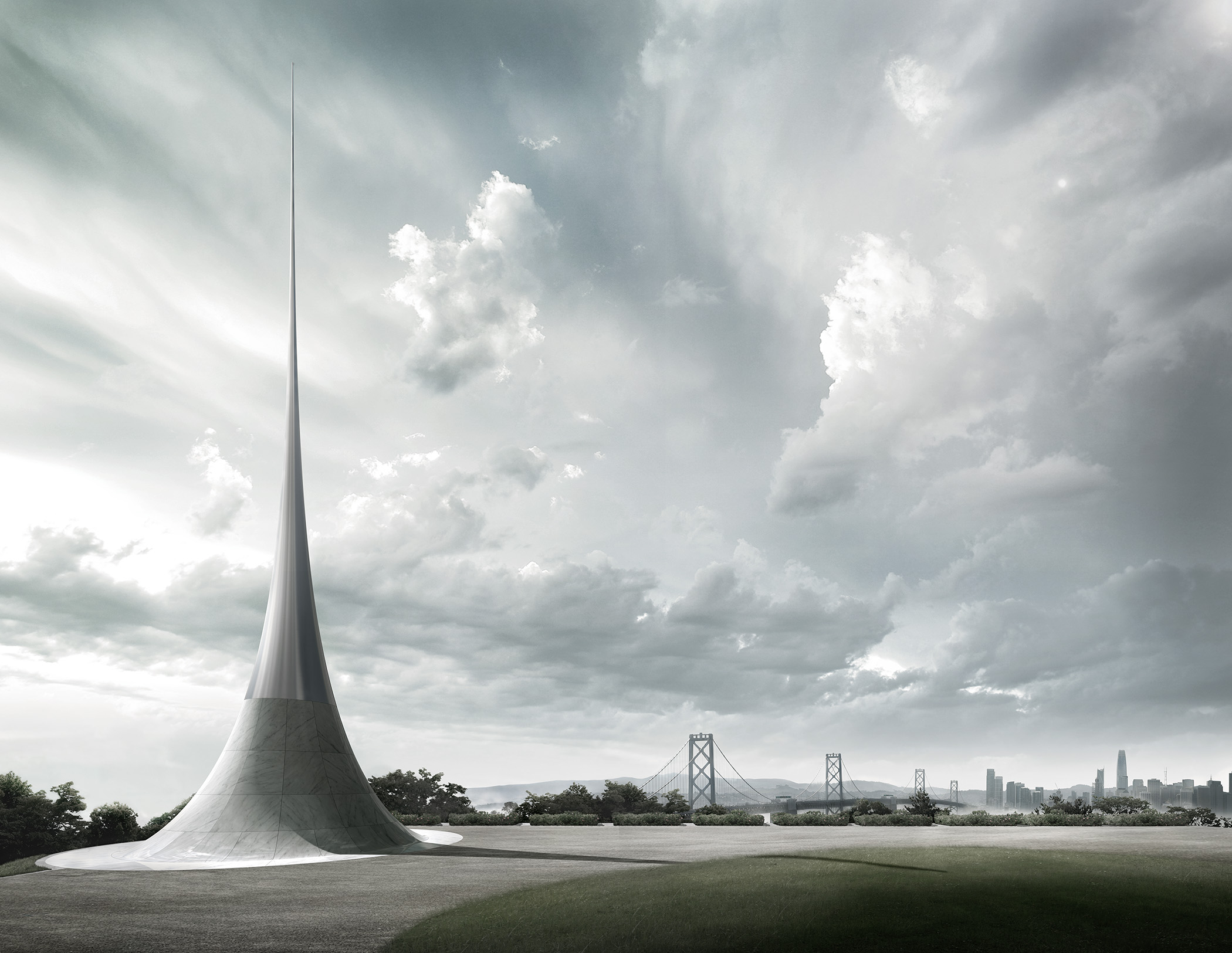 Rendering of Point of Infinity sculpture in front of a view of the Bay Bridge and San Francisco skyline