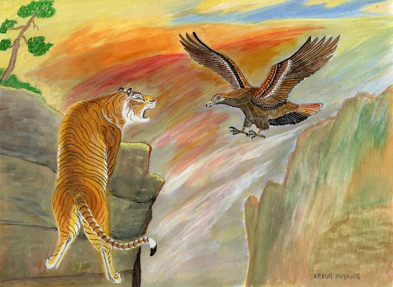 A colorful painting of a tiger and eagle battling in a mountainous region