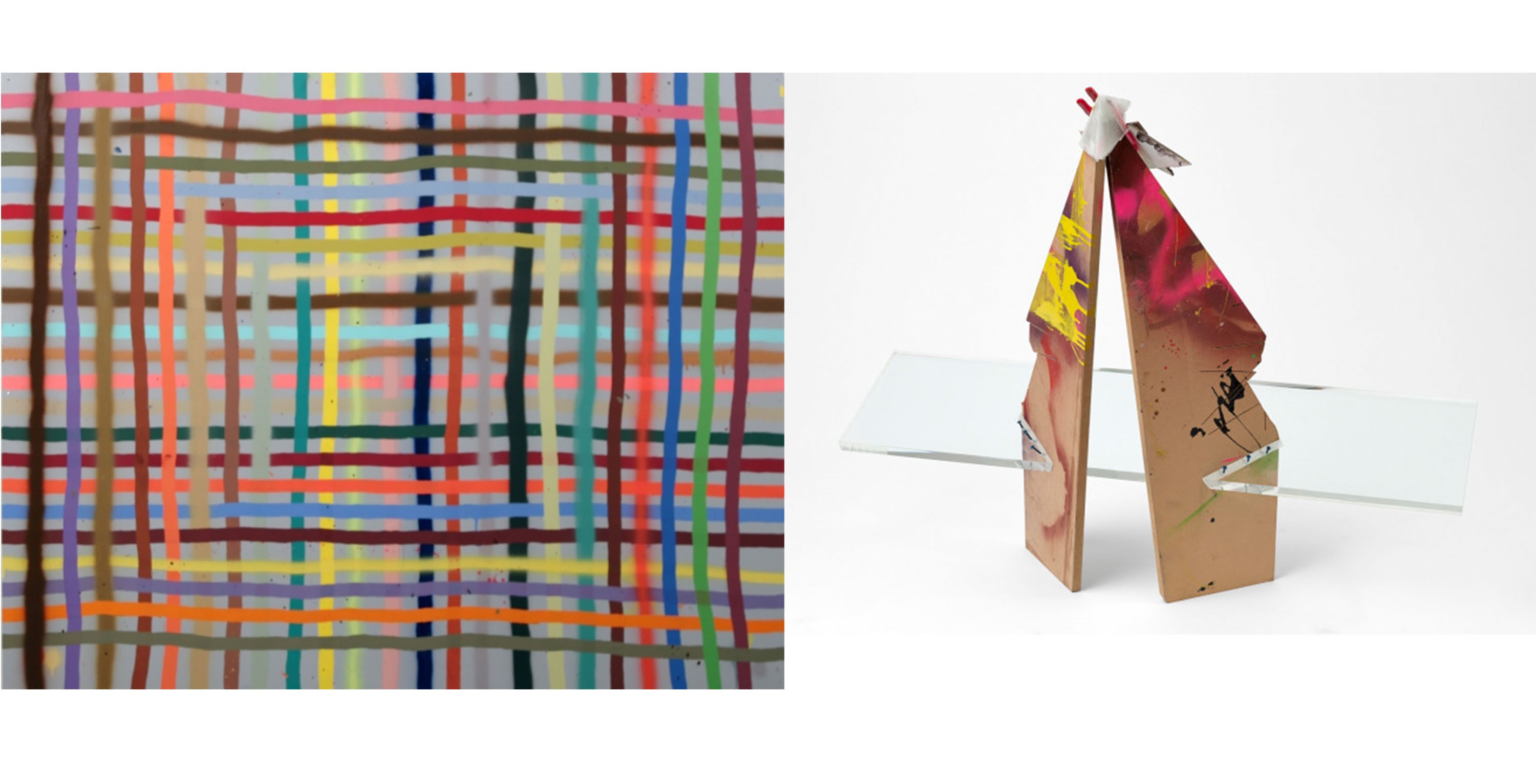 Image: Left: Untitled (2015), Painting by Alicia McCarthy / Right: dissolve me + the love between (2015), Sculpture by Harry Dodge, Courtesy of the Artists 