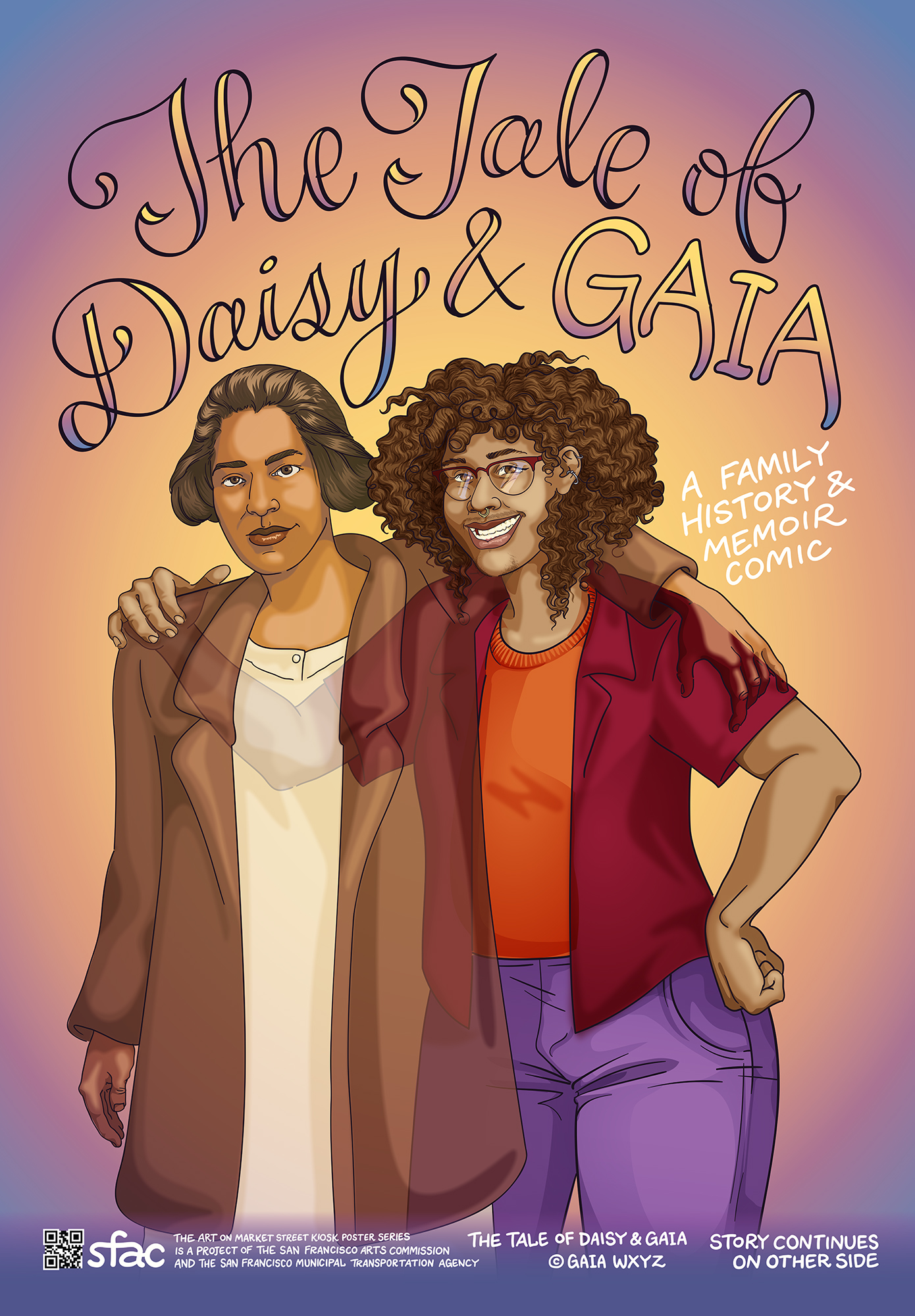 Colorful poster of artist with their great-grandmother with title text "The Tale of Daisy and Gaia"