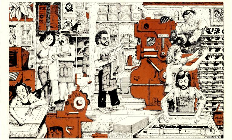 An illustration showing people working in a silkscreen print shop. 