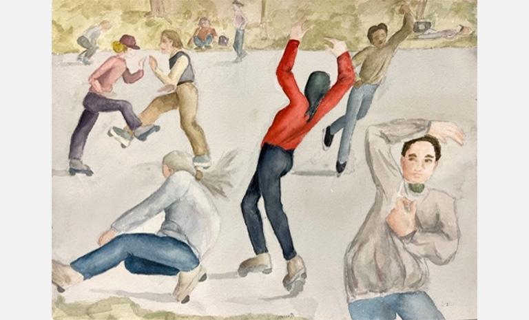 Watercolor painting of people having fun while roller skating outside