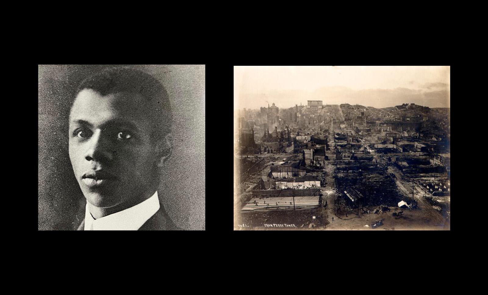 two images: a portrait of a young Aurelious Alberga and an image of San Francisco after the 1906 earthquake