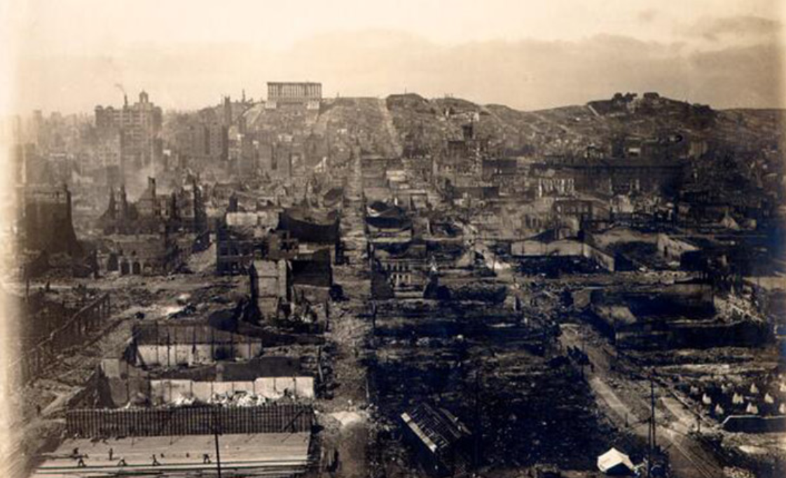 Sepia image of San Francisco ruins after the 1906 Earthquake